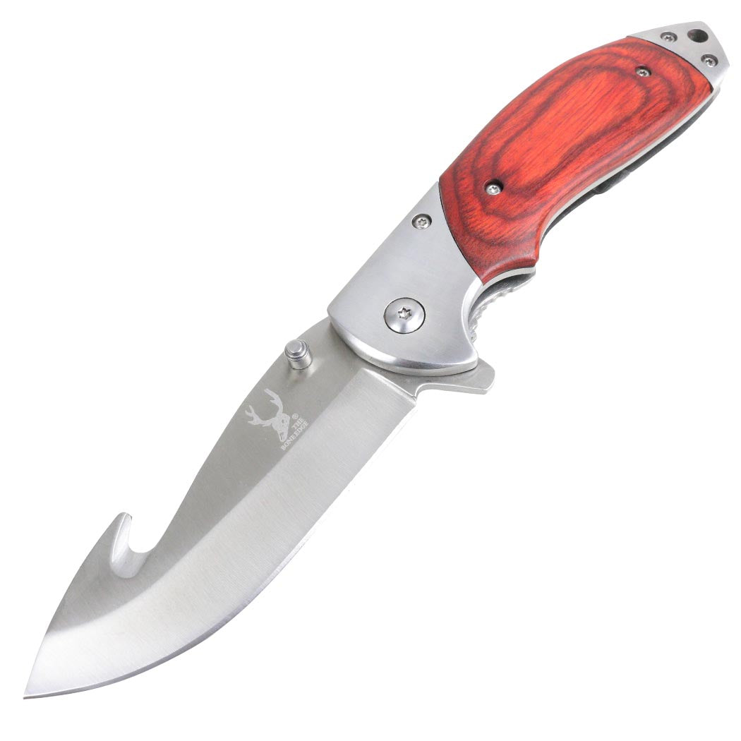 8.5" Spring Assisted Folding Knife Red Wood Handle With Belt Clip