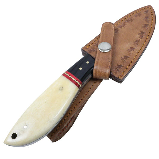 TheBoneEdge 9" Damascus Steel Blade Hunting Knife Horn Handle With Leather Sheath