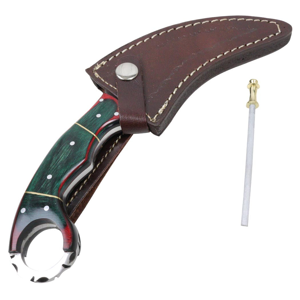 9.5" Hunting Knife Damascus Forged Karambit Hunting Knife Pakka Wood Handle Leather Sheath