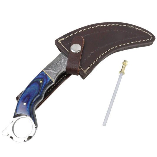 TheBoneEdge 9.5" Damascus Steel Hunting Knife Wood Handle With Leather Sheath