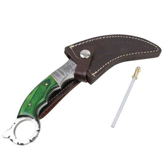 TheBoneEdge 9.5" Damascus Blade Wood Handle Hunting Knife With Leather Sheath