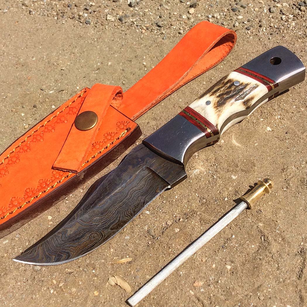 TheBoneEdge 9" Damascus Steel Stag Handle Hunting Knife With Leather Sheath