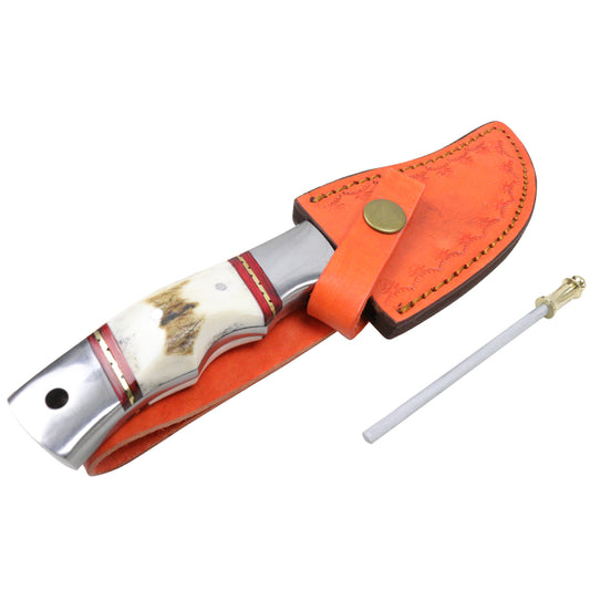 TheBoneEdge 9" Damascus Steel Stag Handle Hunting Knife With Leather Sheath