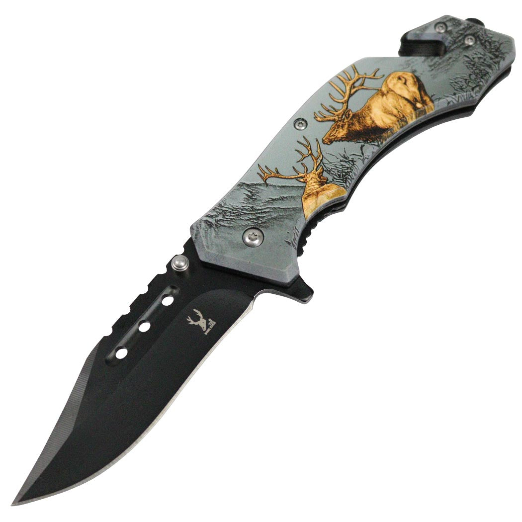 TheBoneEdge 8" Elk Wildlife Folding Spring Assisted Knife Stainless Steel