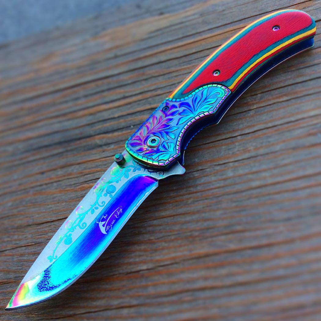 8.5" Titanium Coated Packawood Handle Spring Assisted Folding Knife