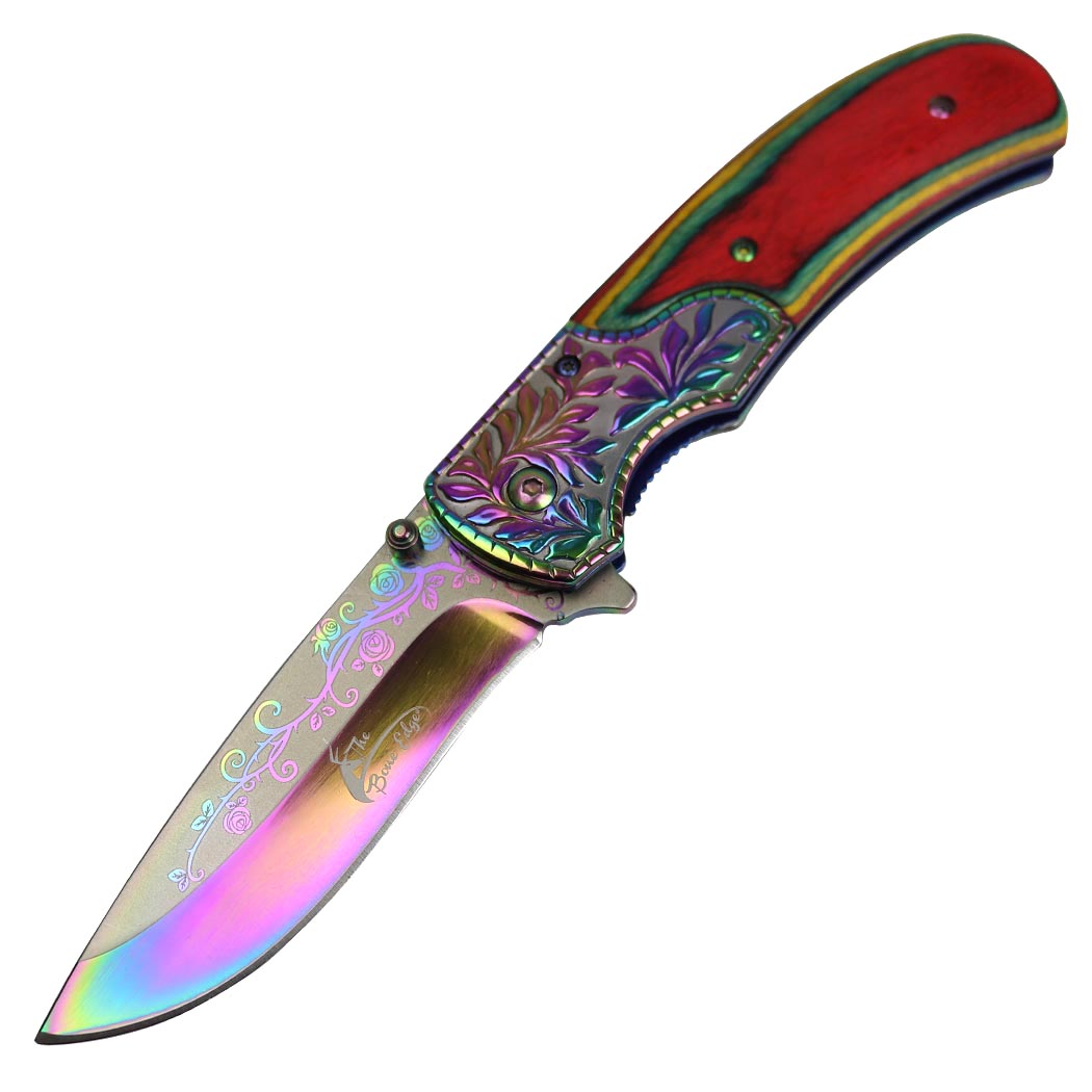 8.5" Titanium Coated Packawood Handle Spring Assisted Folding Knife