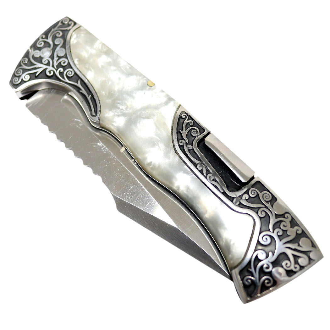 TheBoneEdge 9" Classic Western Folding Knife Stainless Steel White Pearl Handle
