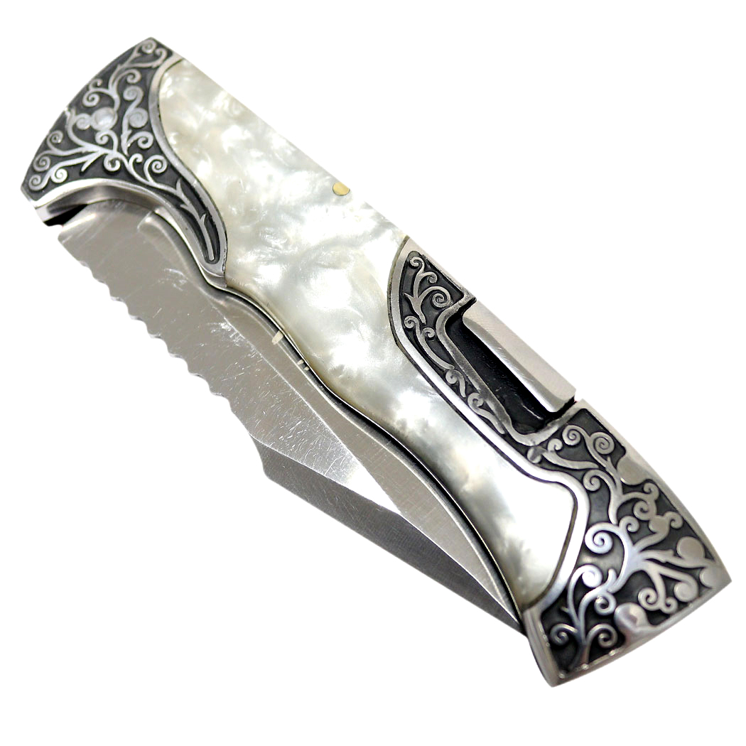 TheBoneEdge 9" Classic Western Folding Knife Stainless Steel White Pearl Handle