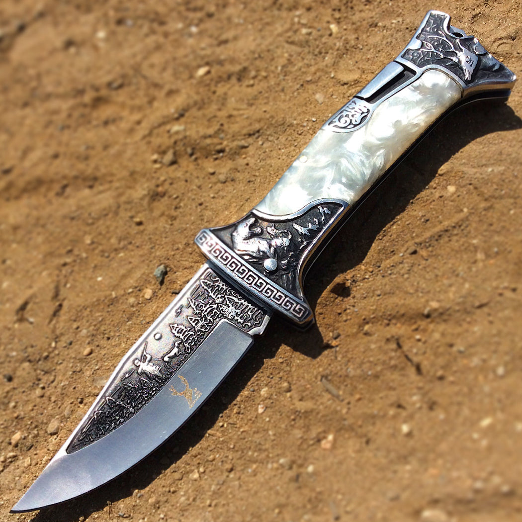 TheBoneEdge 9" Classic Western Folding Knife 3CR13 Stainless Steel Pearl Handle