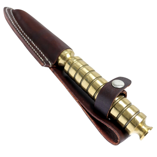 10" Tri Edge Kris Blade Twister Dagger Gold Color Hunting Knife with Leather Sheath Curved