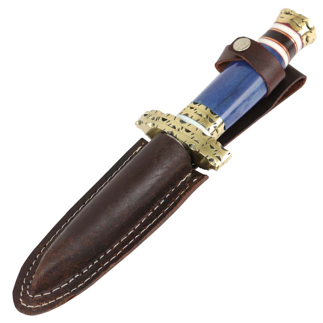 10.5" Custom Handmade Damascus Steel Kris Blade Dagger Knife Leather Pouch Blue