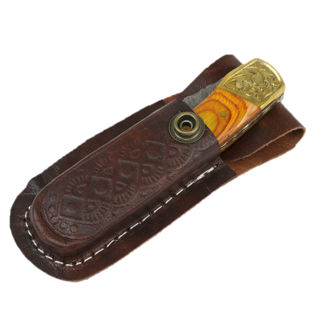 TheBoneEdge 7" Hand Made Damascus Blade Folding Knife Pakkawood Handle Yellow