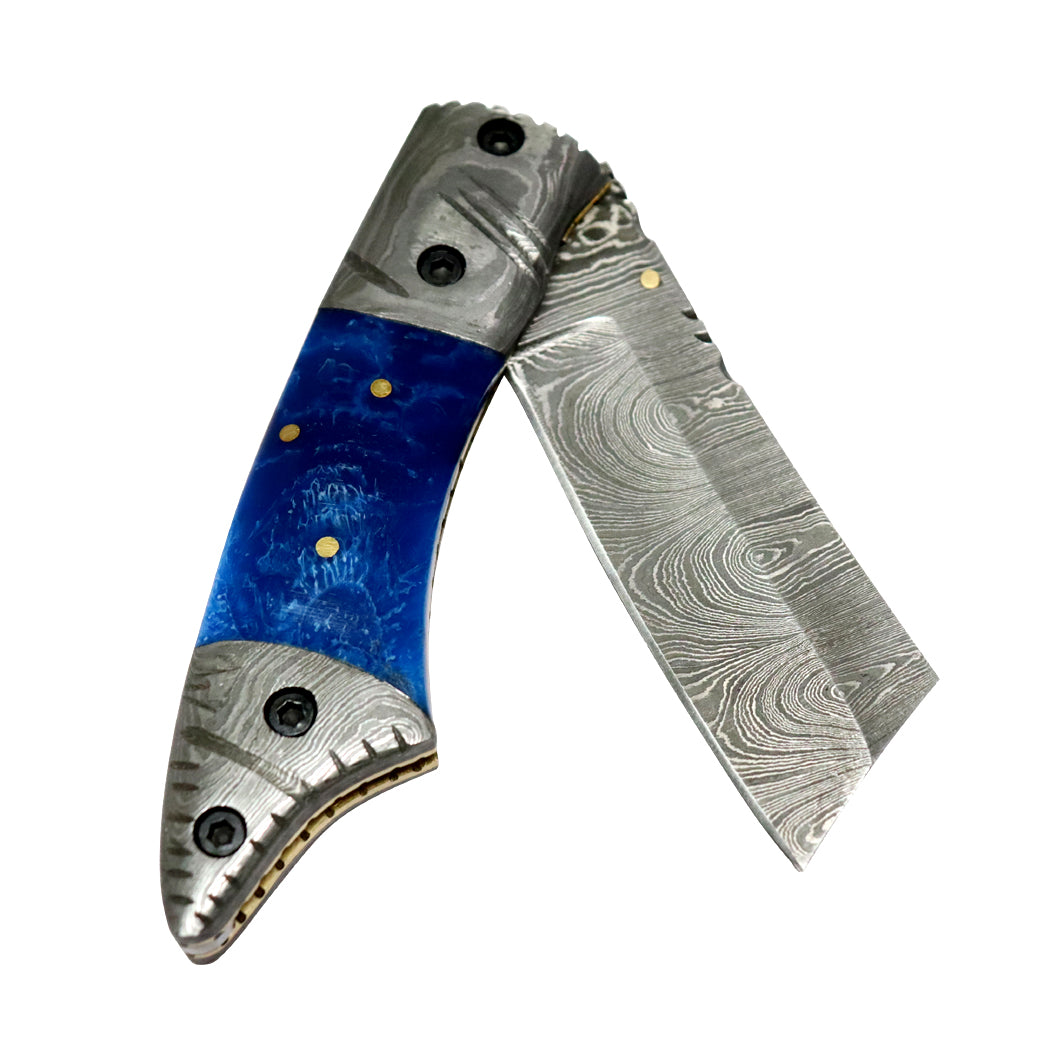 TheBoneEdge 7.5" Damascus Blade Folding Knife Brown Horn Handle Handmade Sheath