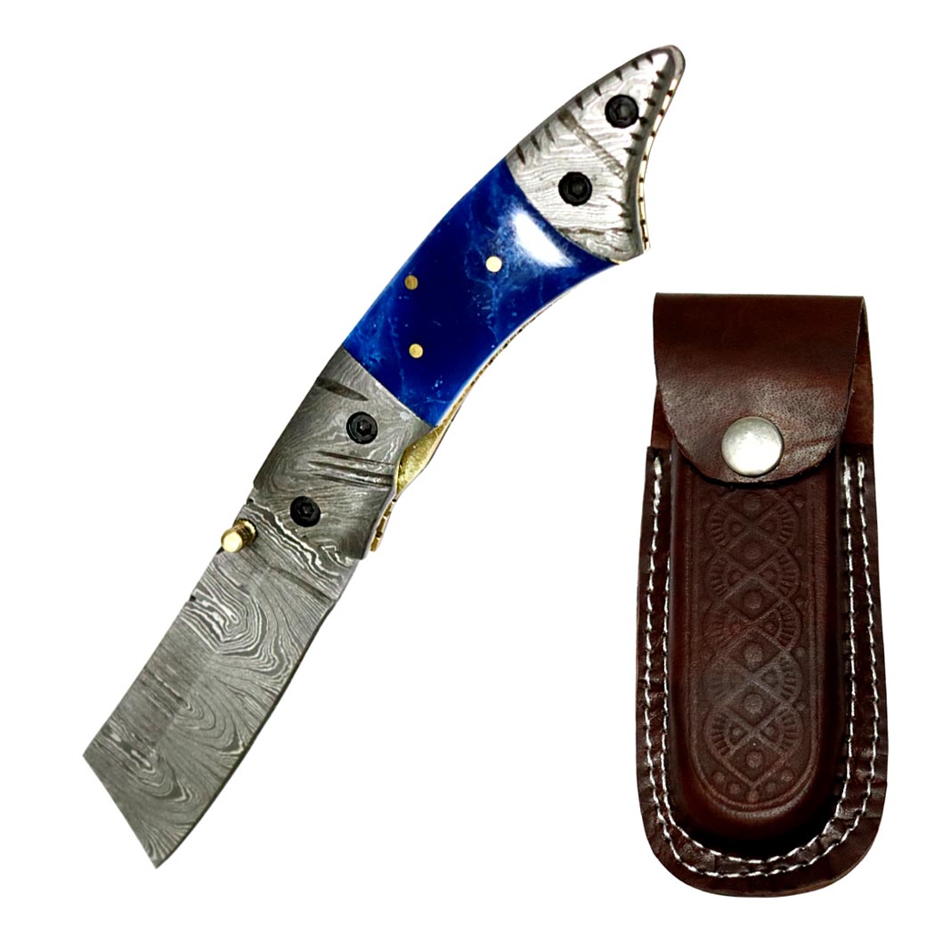 TheBoneEdge 7.5" Damascus Blade Folding Knife Brown Horn Handle Handmade Sheath