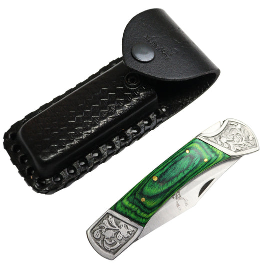 TheBoneEdge 9" Green Wood Handle Stainless Steel Blade Folding Knife With Leather Pouch