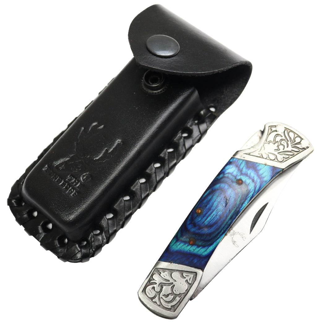 TheBoneEdge 7" Blue Wood Handle Stainless Steel Blade Folding Knife With Leather Pouch