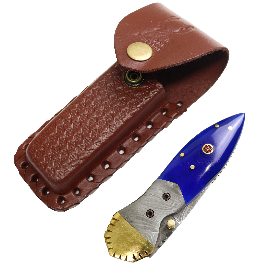 TheBoneEdge 8" Damascus Blade Folding Knife Blue Wood Handle With Damascus Bolster