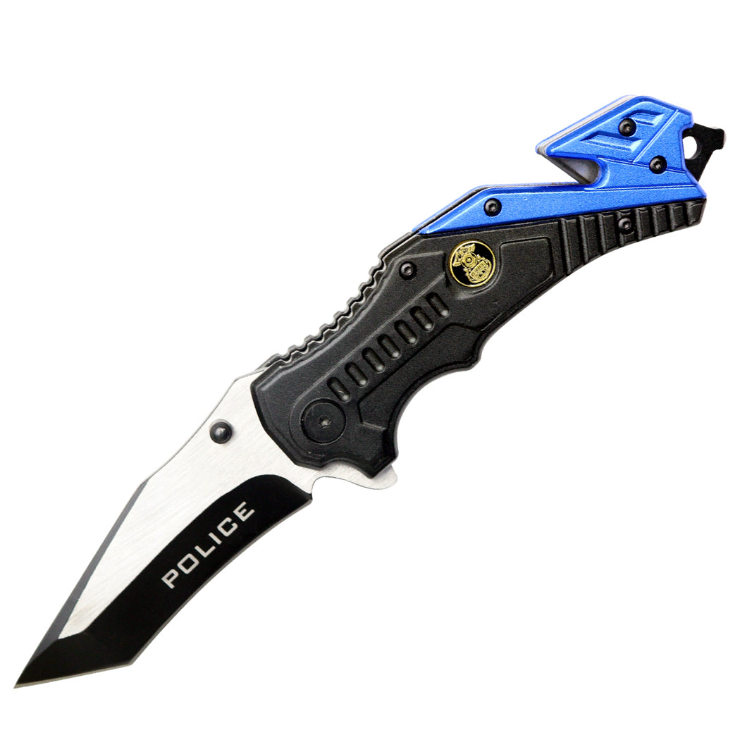 8" Two Tone Blade Blue & Black Spring Assisted Folding Knife Aluminum Handle With Belt Cutter