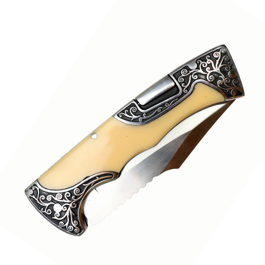 TheBoneEdge 9" Yellow Jade Resin Handle Engraved Design Folding Knife 3CR13 Stainless Steel