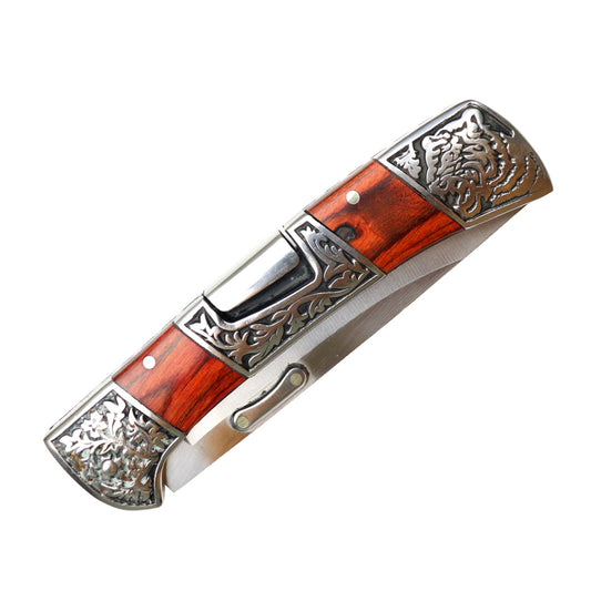 TheBoneEdge 9" Red Pakkawood Handle Engraved Design Folding Knife 3CR13 Stainless Steel