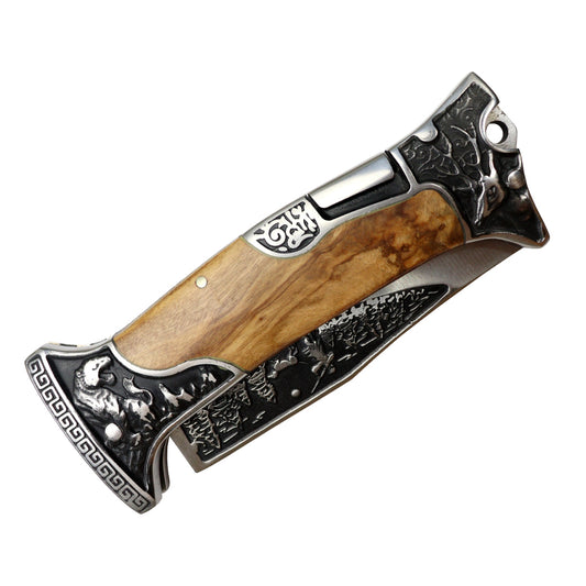 TheBoneEdge 9" Olive Wood Handle Engraved Design Folding Knife 3CR13 Stainless Steel
