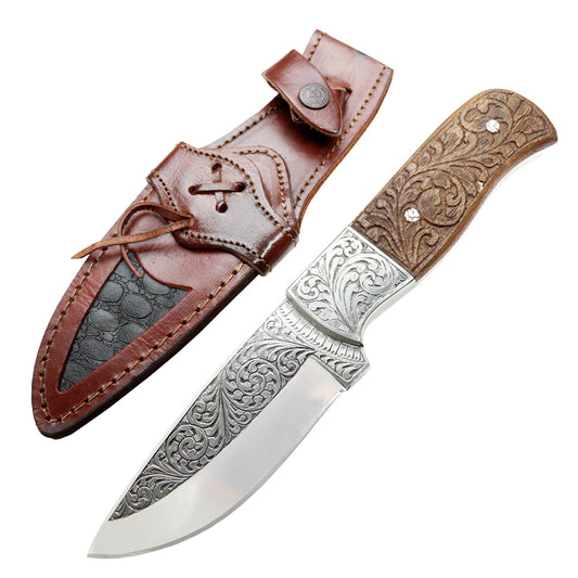 TheBoneEdge 9" Engraved Blade Rose Wood Handle Tracker Hunting knife