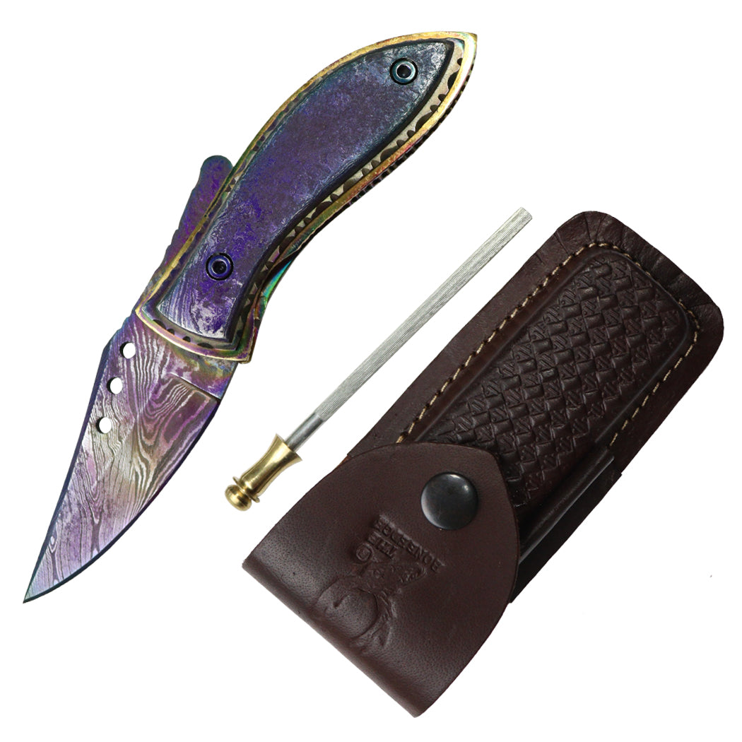 TheBoneEdge 7" Multi Color Damascus Blade Folding Knife With Pouch