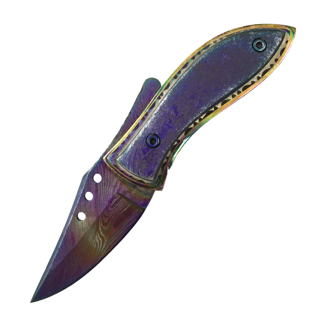 TheBoneEdge 7" Multi Color Damascus Blade Folding Knife With Pouch