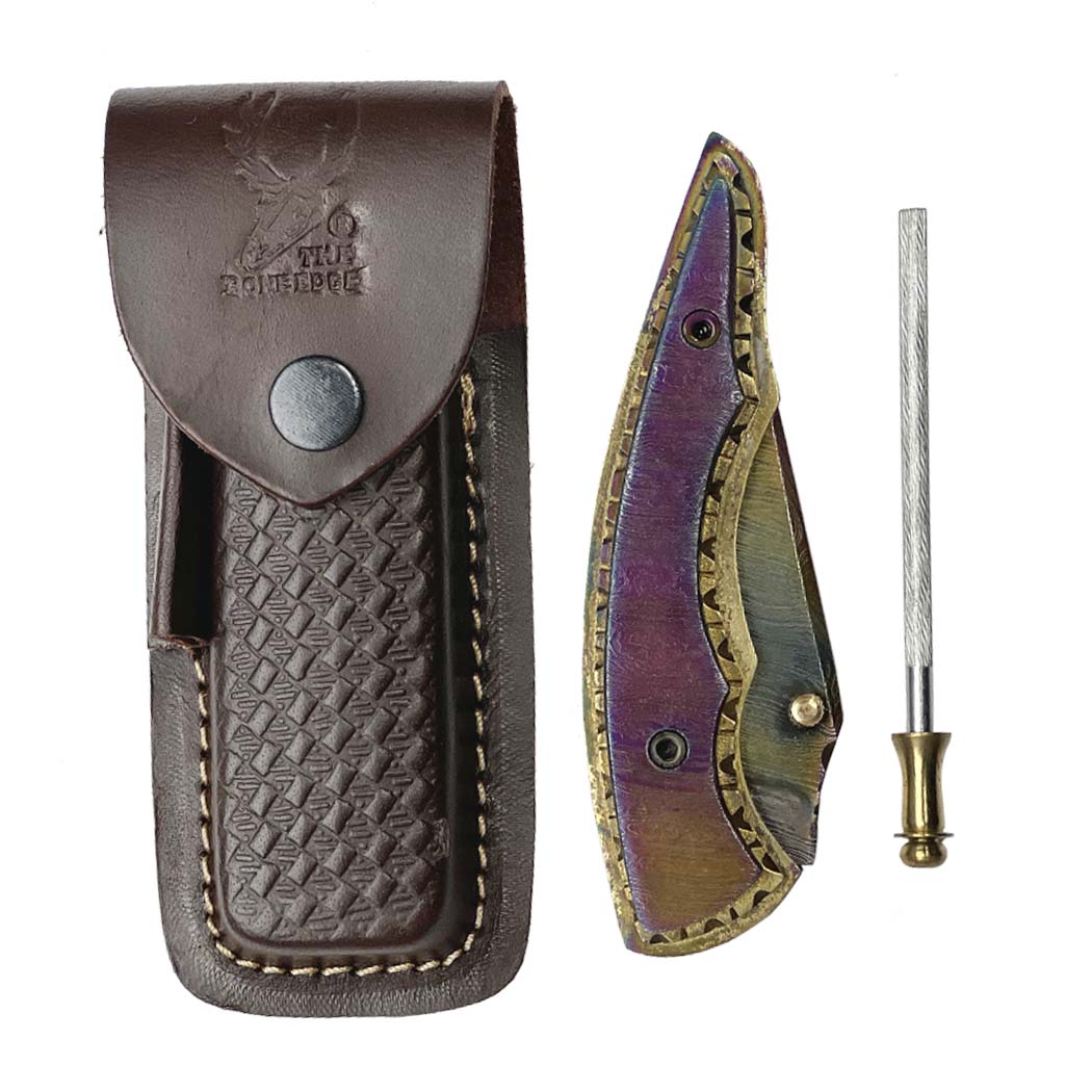 TheBoneEdge 7.5" Multi Color Damascus Blade Folding Knives Handmade with Sheath