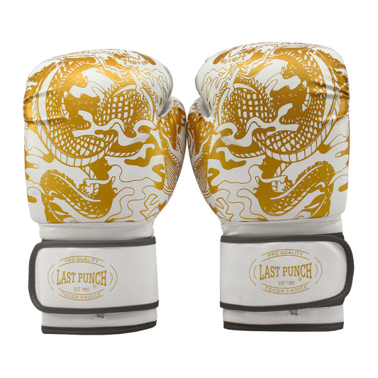 Last Punch 3D Printed Pro Style Training Sparring Boxing Gloves - White & Gold 14 Oz