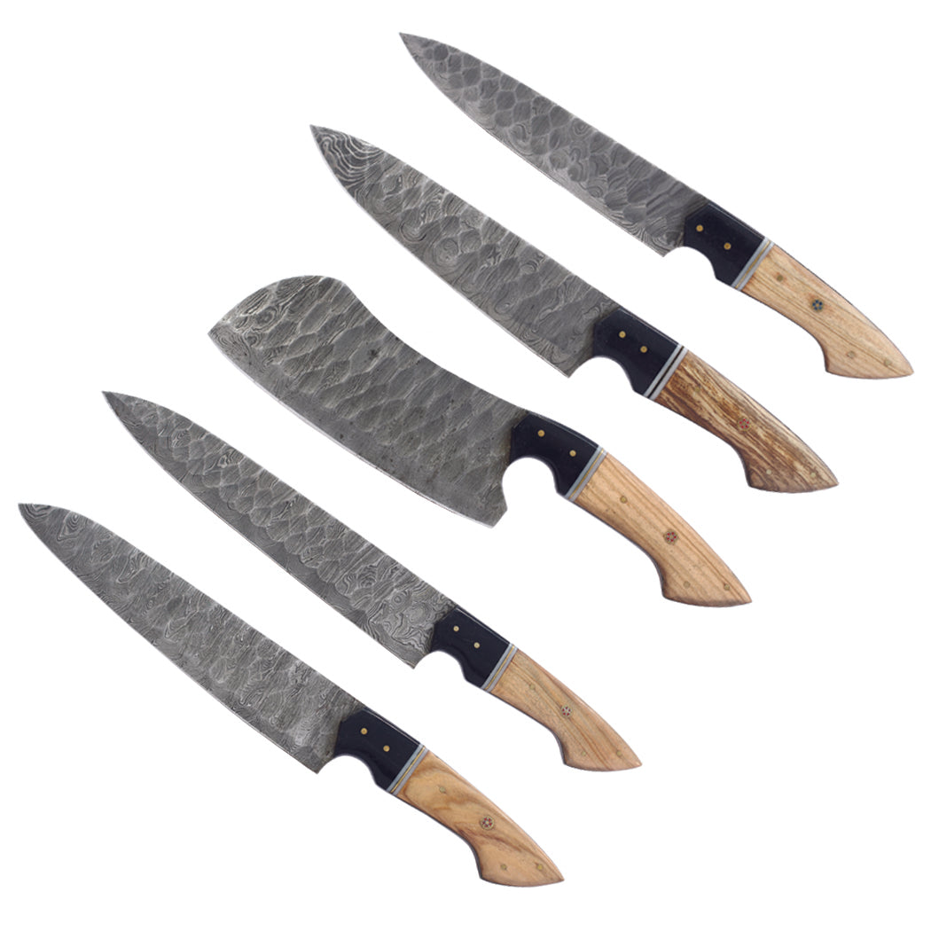 TheBoneEdge 5 Pcs Damascus Fordge Blade Chef's Knife Set With Wood & Resin Handle