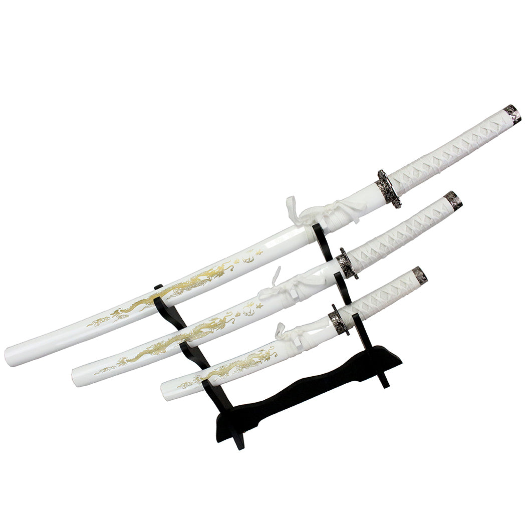 3Pc Set of Japanese Samurai Ninja Katana Swords Good Quality White Dragon Design