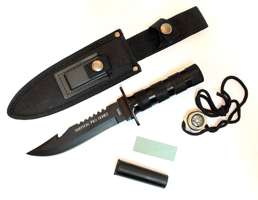 10.5" Fixed Blade Hunting Survival Knife Camping Fire Starter Kit Compass Black Gut Hook