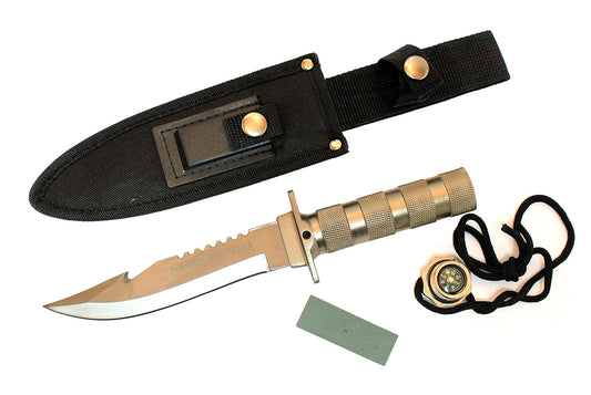 10.5" Fixed Blade Hunting Survival Knife Camping Fire Starter Kit Compass Silver Gut Hook
