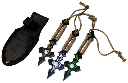 Defender Set Of 3 Skull Design & Green String Throwing Knives With Sheath