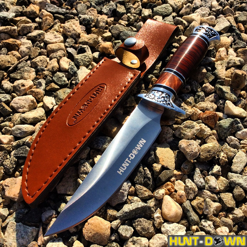 12" Hunt-Down Fixed Blade Brown and Chrome Knife with Sheath