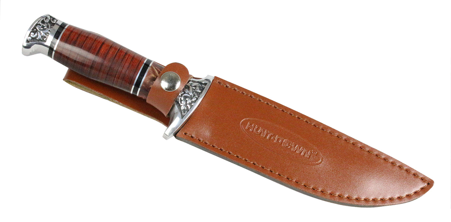 12" Hunt-Down Fixed Blade Brown and Chrome Knife with Sheath