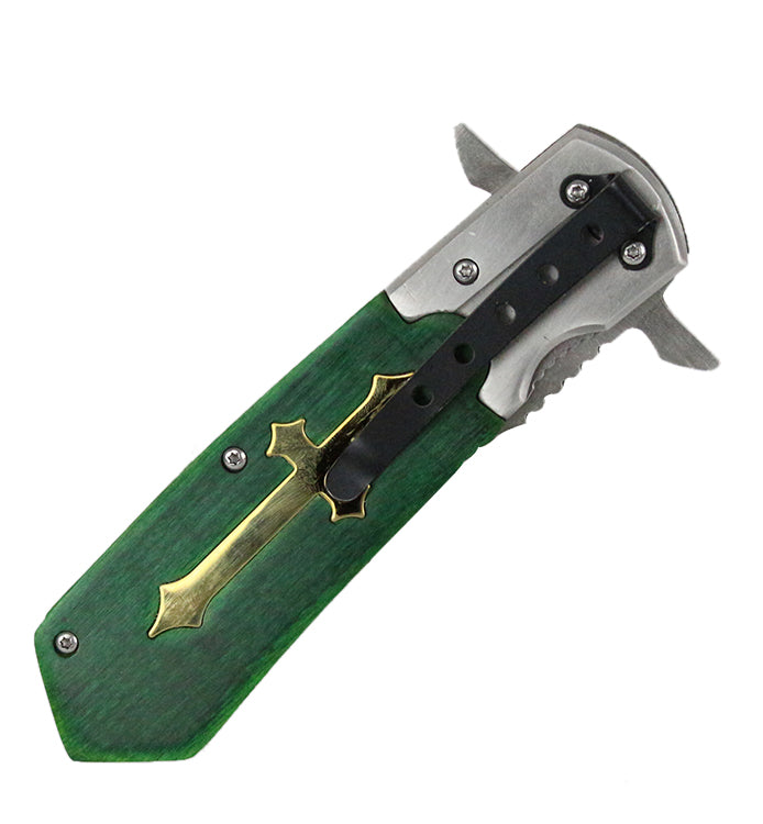 9.5" CELTIC CROSS SPRING ASSISTED OPEN POCKET KNIFE Gothic Stainless Steel New