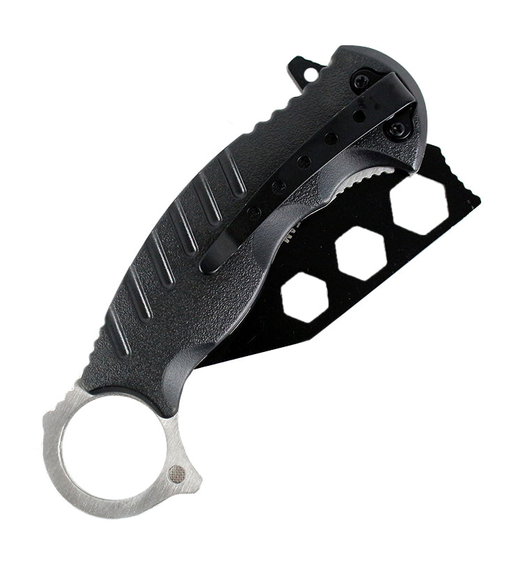 7.5" Zomb War Spring Assisted Tanto Bladed Knife Black Handle design Fore Finger Grip
