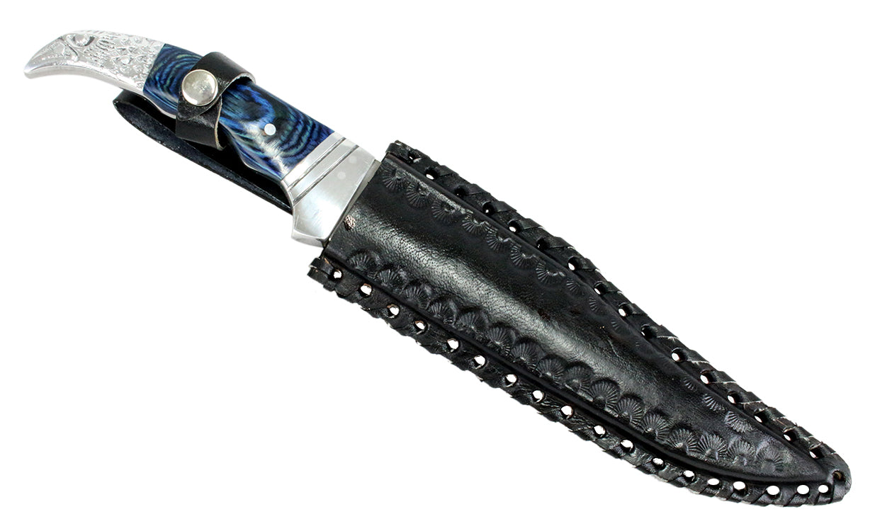 12" Defender Xtreme Hunting Knife with Blue Eagle Head Handle and Leather Sheath