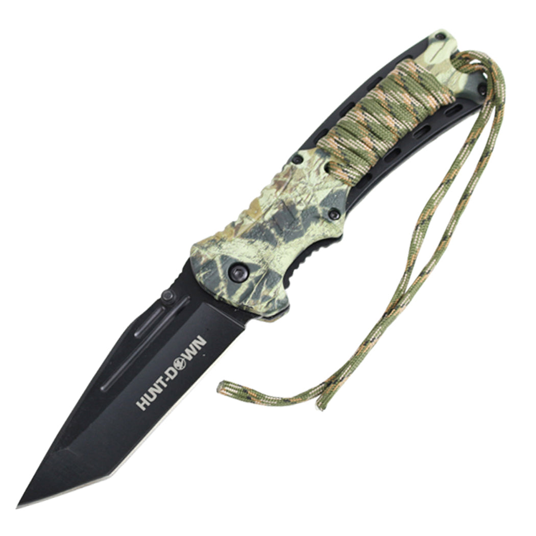 8.5" Woodland Camo Spring Assisted Knife with Fire Starter & Whistle