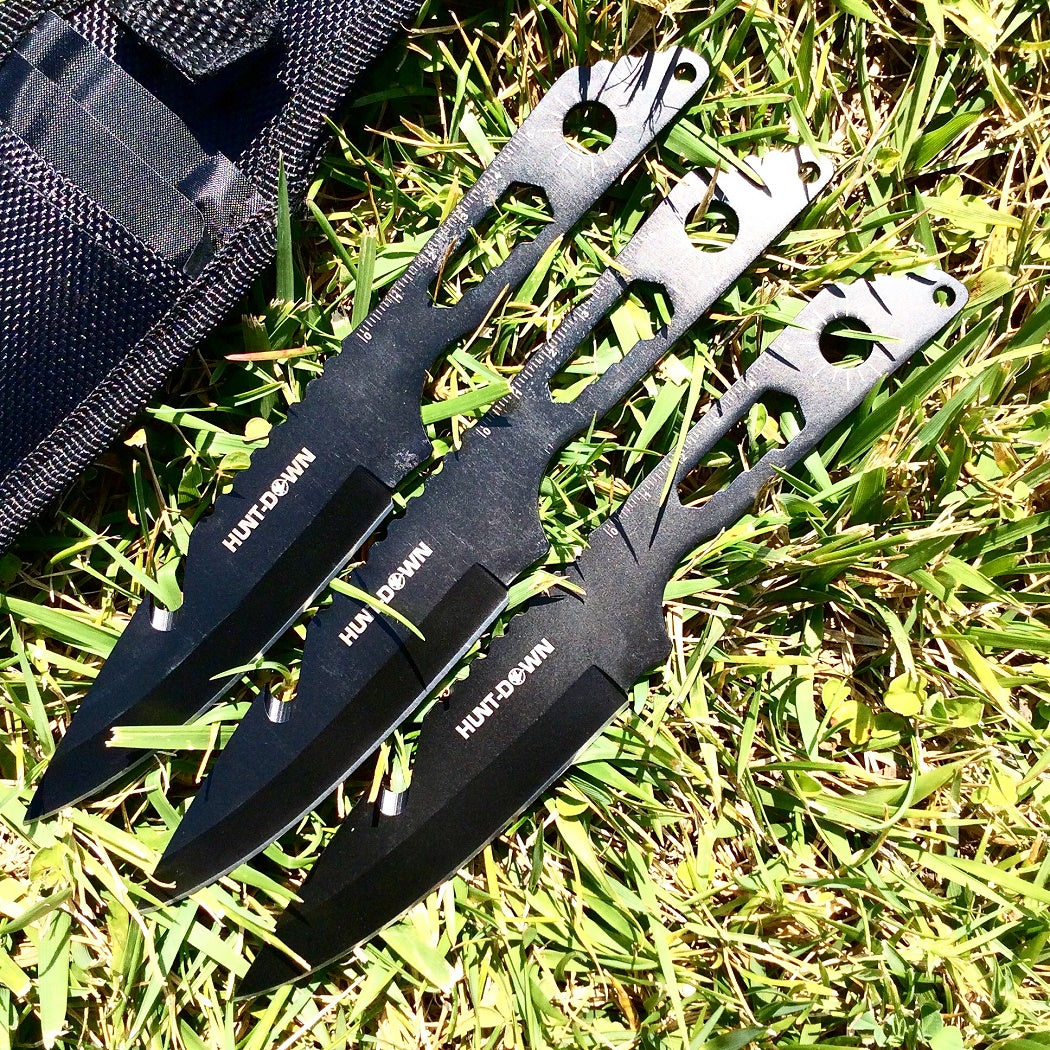 8" Three Piece Hunt Down Black Throwing Knife Set With Fish Hook