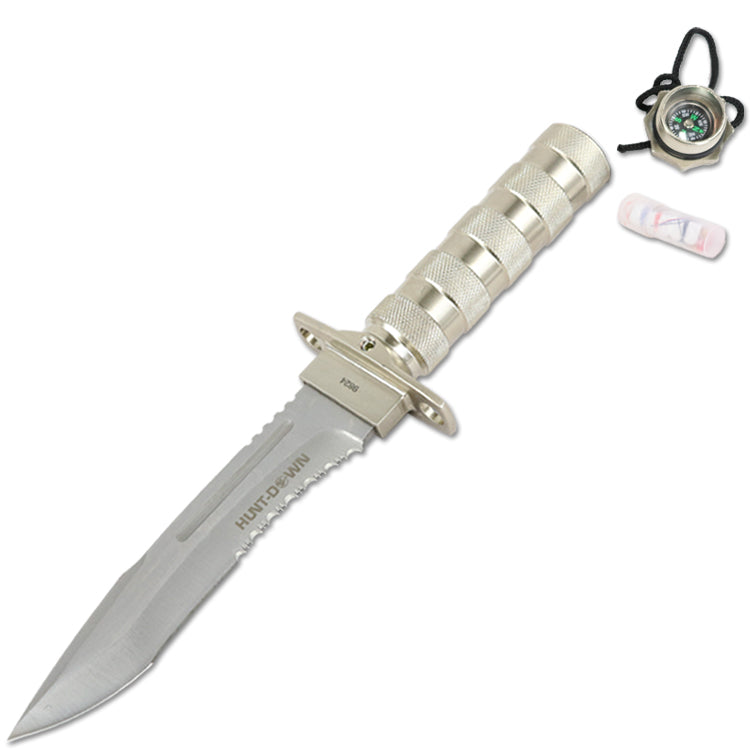 12" Hunting Survival Knives Bowie Knife Tactical Camping Fire Starter Kit Hard Sheath - Silver DropPoint