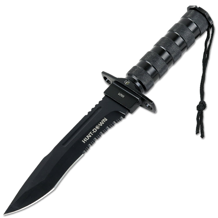 12" Hunting Survival Knives Bowie Knife Tactical Camping Fire Starter Kit Hard Sheath - Black DropPoint