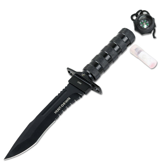 12" Hunting Survival Knives Bowie Knife Tactical Camping Fire Starter Kit Hard Sheath - Black DropPoint