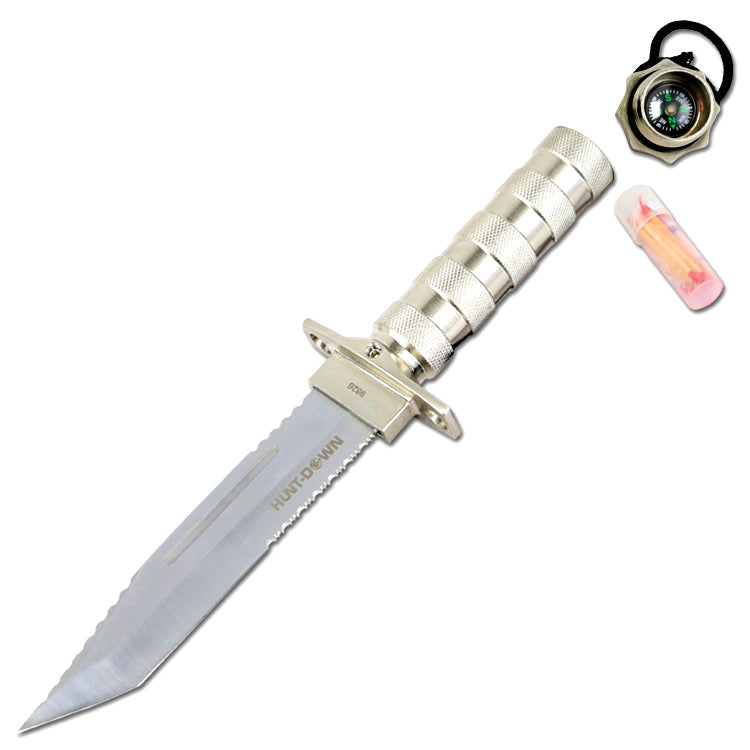 12" Hunting Survival Knives Bowie Knife Tactical Camping Fire Starter Kit Hard Sheath - Silver Tanto