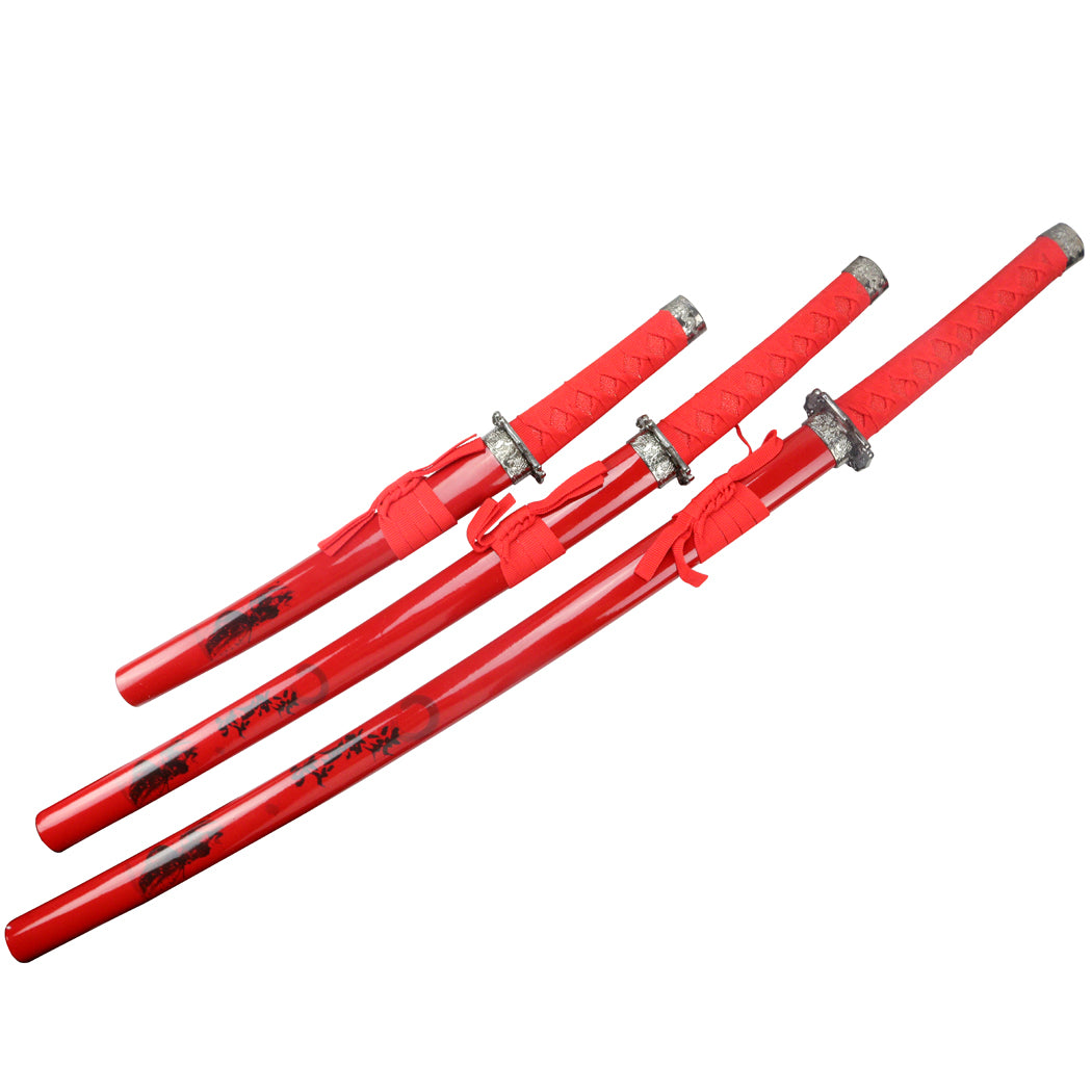 3pc Red Samurai Katana Sword Set Carbon Steel Blades with Stand Good Quality