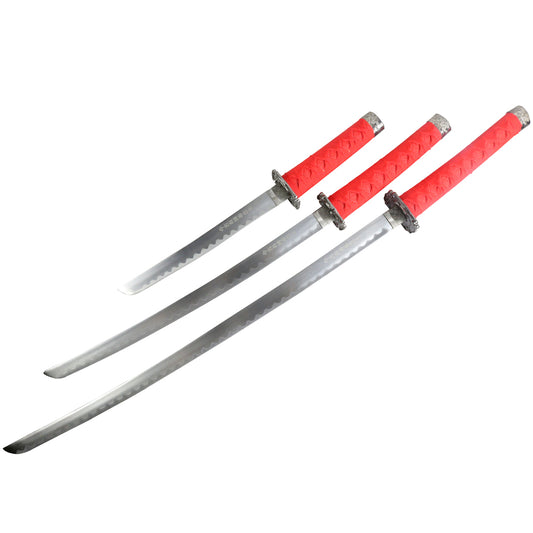 3pc Red Samurai Katana Sword Set Carbon Steel Blades with Stand Good Quality