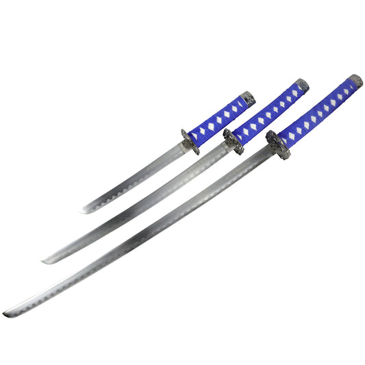 3pc Light Blue Samurai Sword Set Carbon Steel Blades with Stand Good Quality