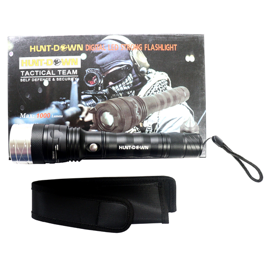 Hunt-Down High Powered Black 1000 Lumens Self-Defence Aluminum Body Flashlight